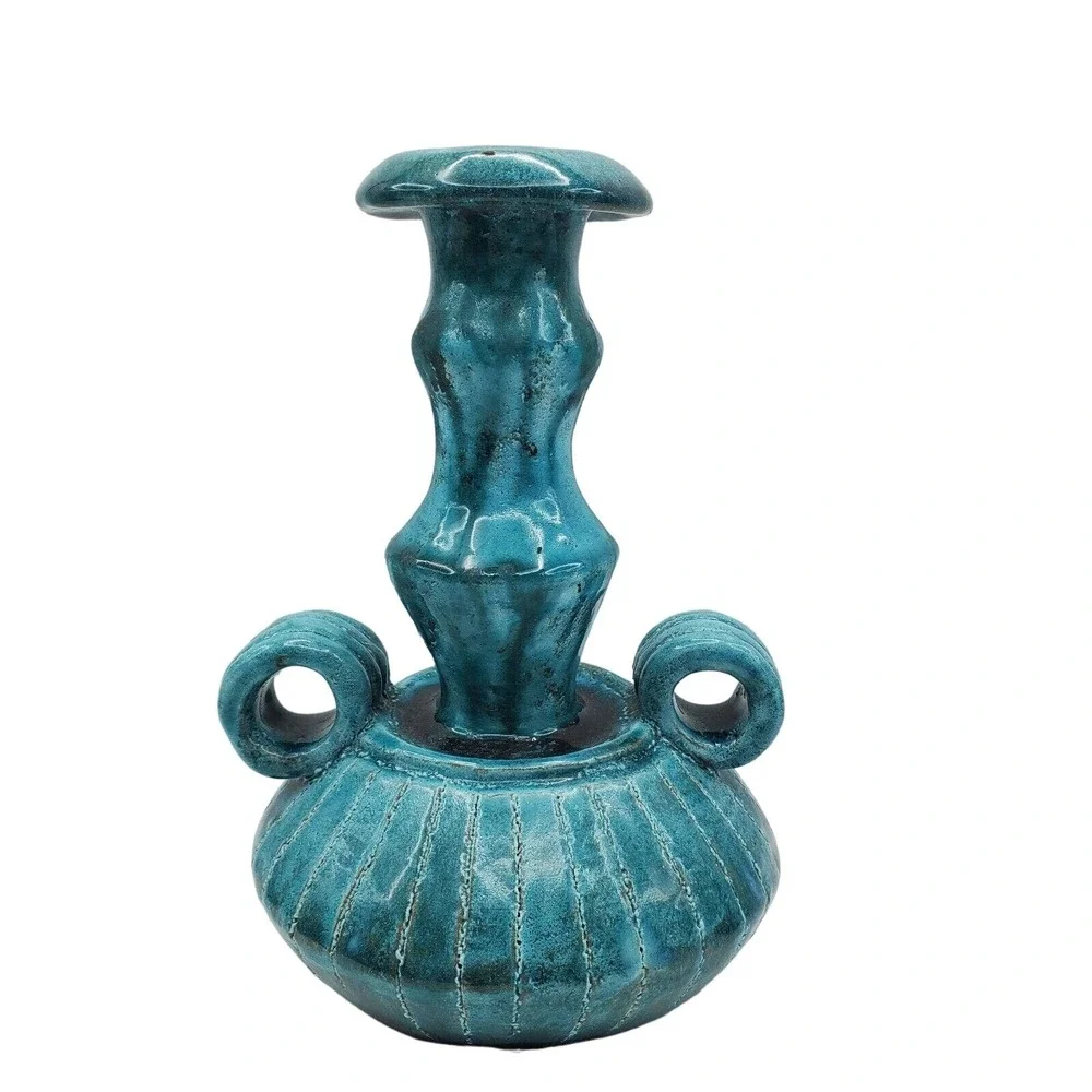 Turquoise Art Pottery Vase Ceramic Double Handle Ribbed Boho Decor Candlestick